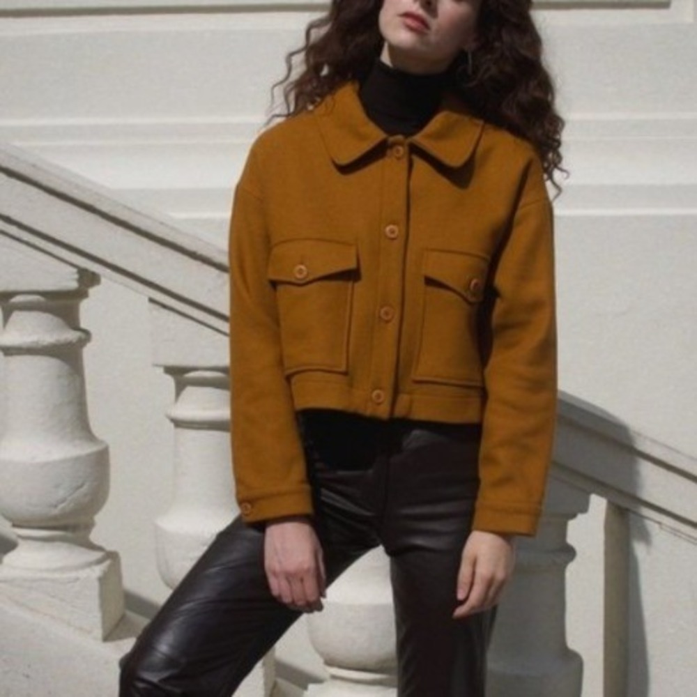 RITA ROW Wool Cropped Button Front Jacket Women‎ Medium OCHRE MILITARY BOXY